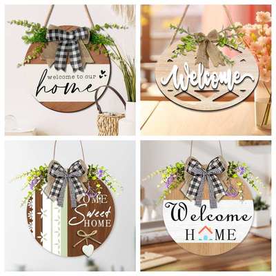 跨境带有welcome花园欢迎牌家居门圆形挂挂牌节日挂件木质装饰品