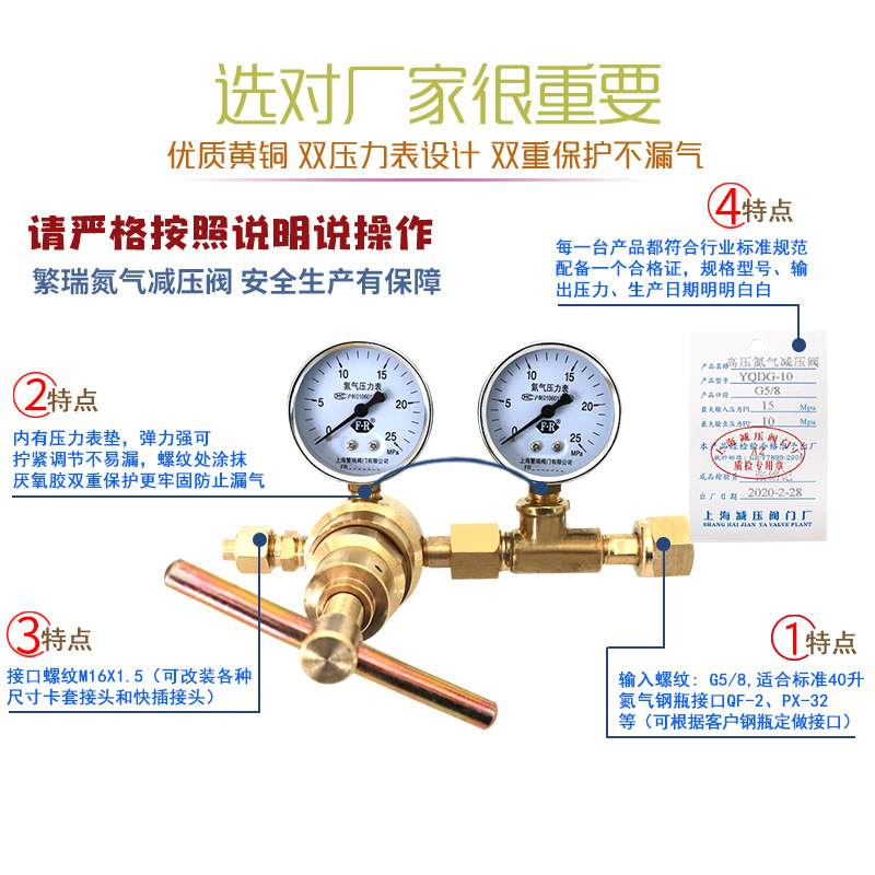 繁瑞直销YQDG-10高压全铜瓶用氮气减压器调节表找上海减压阀门厂