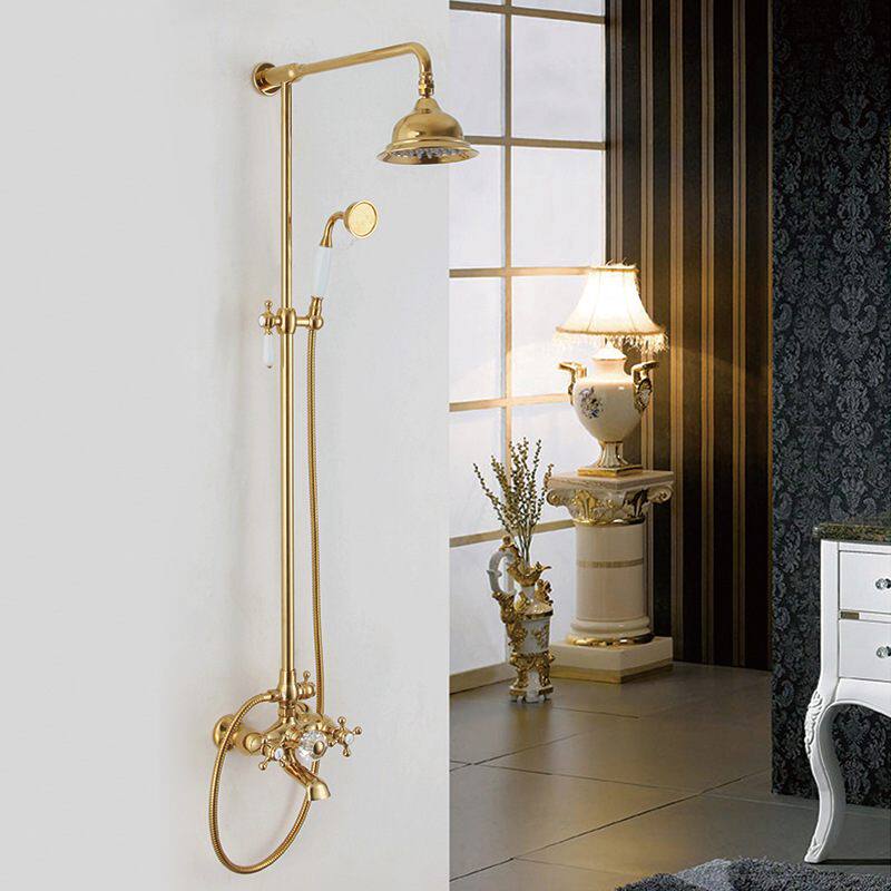 新款直销大淋浴花洒套装金色淋浴器冷热水瀑布仿古铜顶喷全铜套装