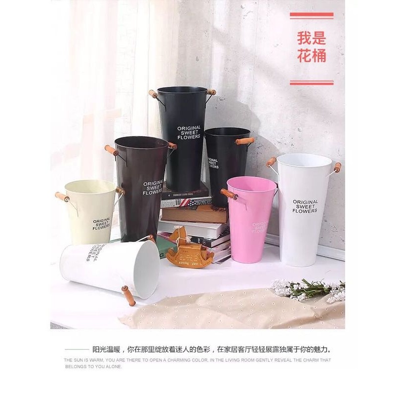鲜花干花花束复古做旧插花桶花盆铁皮桶田园家居饰品花器客厅卧室