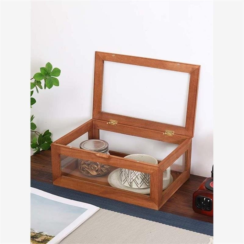 桌面玻璃收纳透明盖木质香水木盒带盖布景茶具防尘多层中式长方形,收纳整理,证件收纳盒,淘宝优惠券,粉丝福利购,淘宝优惠卷