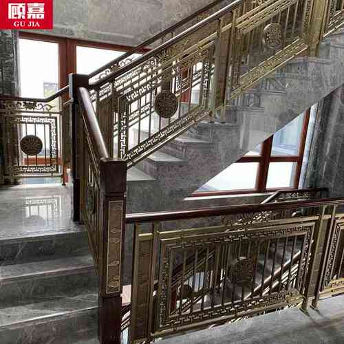 新中式复古别墅发光楼梯扶手护栏室内家用拉丝青古铜铝艺雕花栏杆