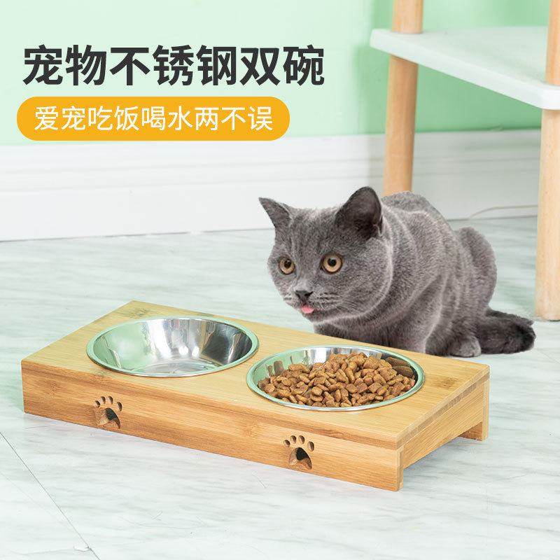 新款直销竹制宠物陶瓷双碗猫狗进食碗喂食饮水不锈钢碗猫食盆猫碗