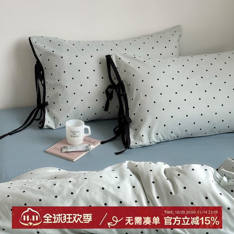 蓝灰色小波点绑带款水洗棉床上四件套简约裸睡被套床单宿舍三件套