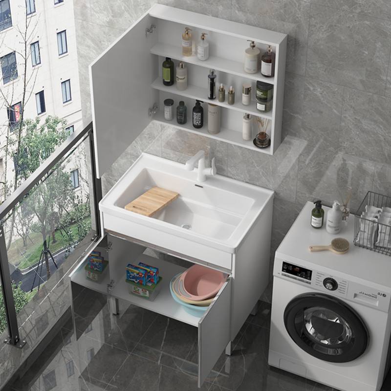 9W阳台洗衣池陶瓷一体台盆大号洗手盆户外不锈钢洗衣柜带搓衣板水