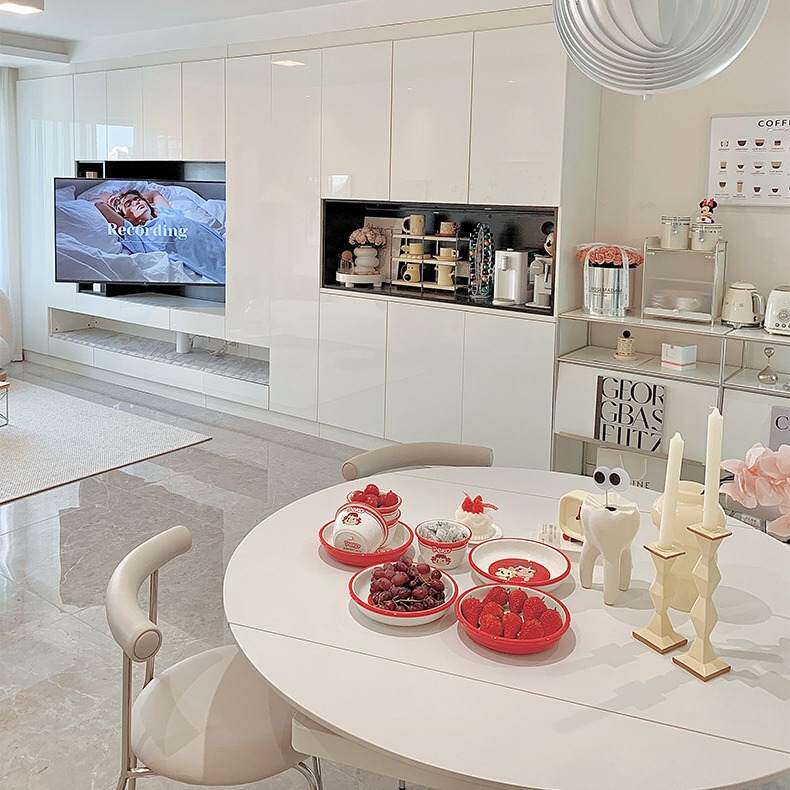 法式奶油风纯白色哑光岩板餐桌旋转伸缩折叠华尔兹餐桌方变圆两用