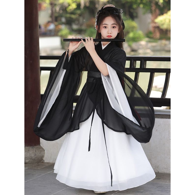 黑色汉服女童2025新款秋季魏晋风南北朝演出服古装仙气广袖流仙裙