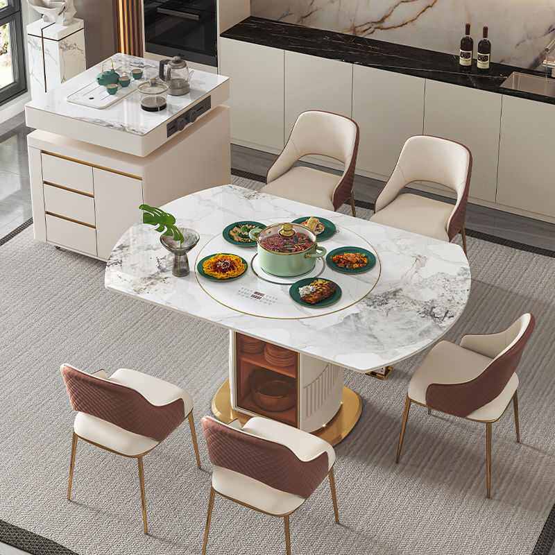 岩板岛台餐桌新款轻奢多功能带暖炉家用电磁炉旋转转盘可加热折叠