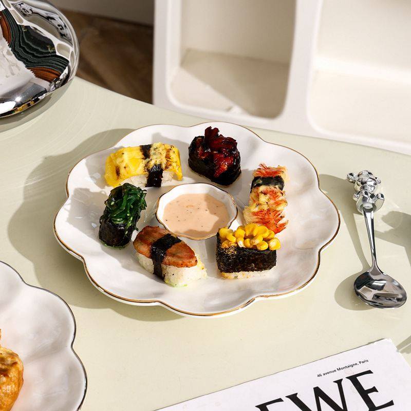 新品 高颜值陶瓷饺盘带醋碟银边虾盘寿司盘早餐薯条酱料碟水果盘,餐饮具,盘,淘宝优惠券,粉丝福利购,淘宝优惠卷