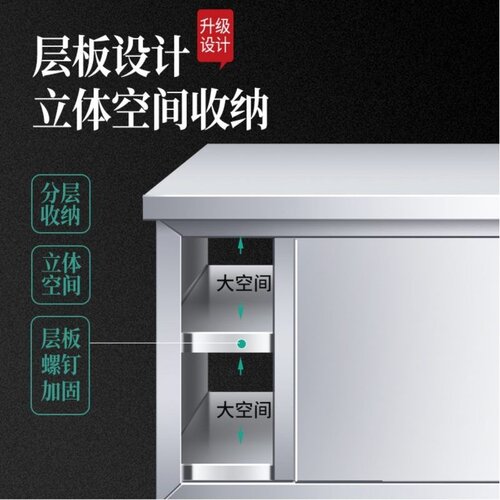 不锈钢工作台桌子饭店置物架烘焙商用打包台带拉门储物柜厨房专用