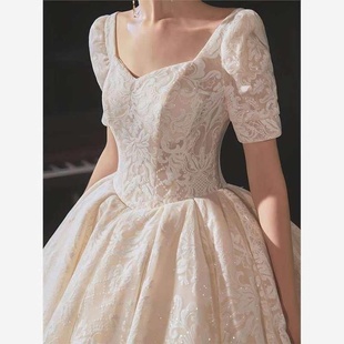 婚纱主纱2025新款 大拖尾简约方领 气质宫廷小个子新娘复古质感法式