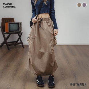 马登女装 复古工装a字裙多口袋绑带抽褶裙子显瘦中腰半身长裙女秋