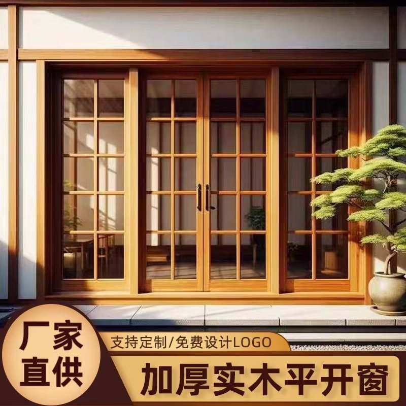 新中式实木门窗简单中式户简约花左右平开窗推拉格框架玻璃窗