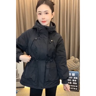 韩版多口袋夹棉风衣外套女修身显瘦连帽中长款冲锋衣2025新款秋冬