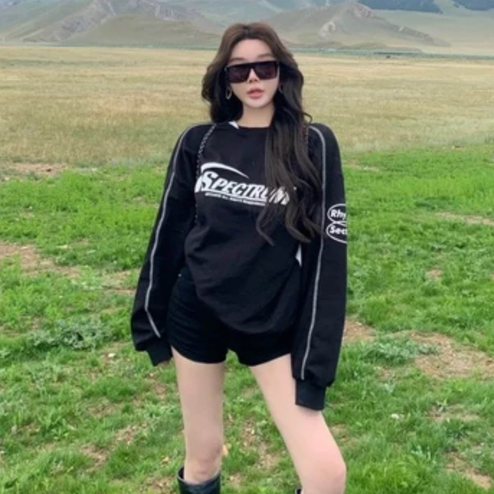 早秋美式炸街oversize圆领长袖卫衣女宽松版遮肉显瘦洋气上衣休闲