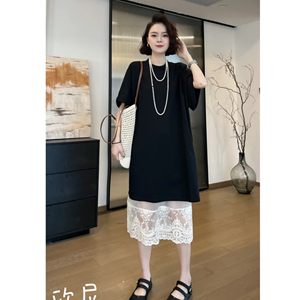夏季新款法式赫本风T恤蕾丝裙两件套裙子洋气减龄休闲T恤裙长裙潮