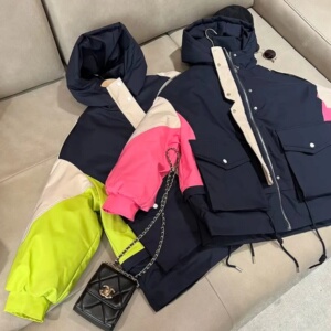 内胆加绒加厚拼色立领连帽派克服外套女欧货冬款工装冲锋衣棉服潮
