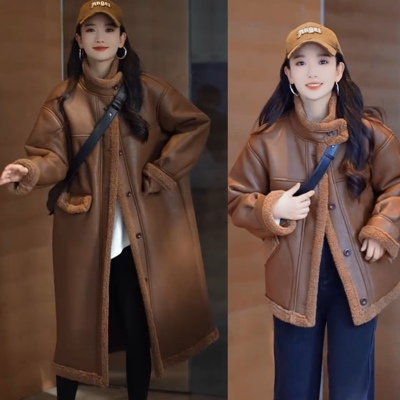 皮毛一体加绒厚羊羔毛长款外套女