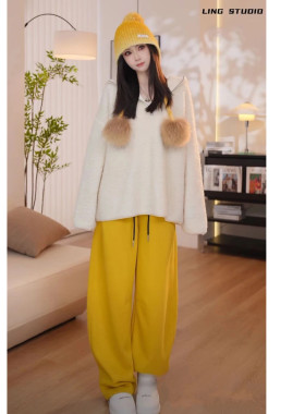 慵懒风少女感简约纯色套头绵羊毛绒卫衣百搭显瘦毛衣2024秋冬新款