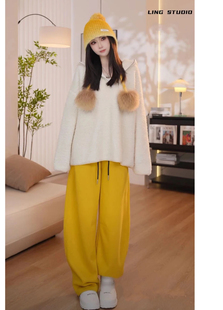 慵懒风少女感简约纯色套头绵羊毛绒卫衣百搭显瘦毛衣2024秋冬新款