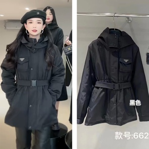 潇家冬款三角标连帽夹棉冲锋衣棉服外套女中长款百搭显瘦收腰风衣