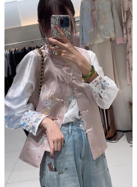 新中式粉色烫金提花无袖背心马甲外套女国风复古坎肩马夹春夏新款