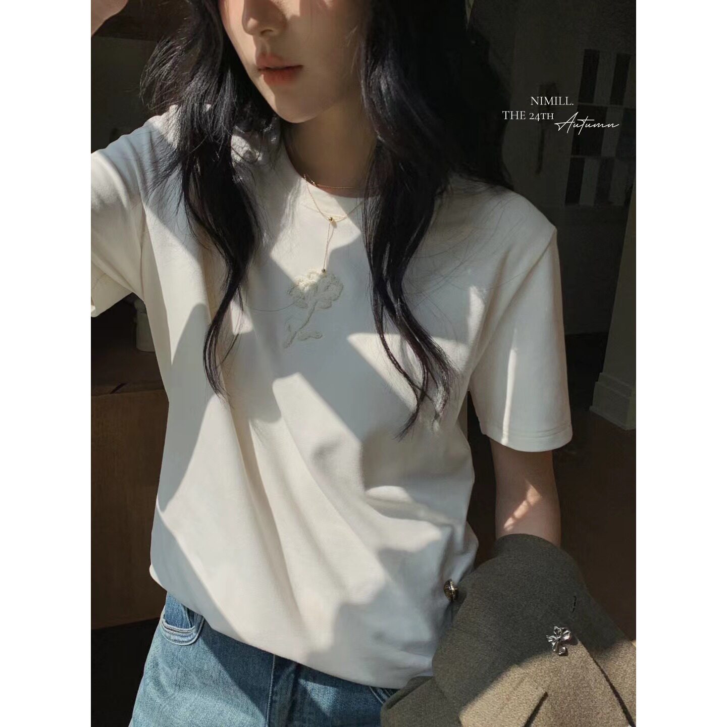 奈ni蜜mi儿ll n2d3058简约花朵短袖t恤 高品质实体店秋新款 休闲