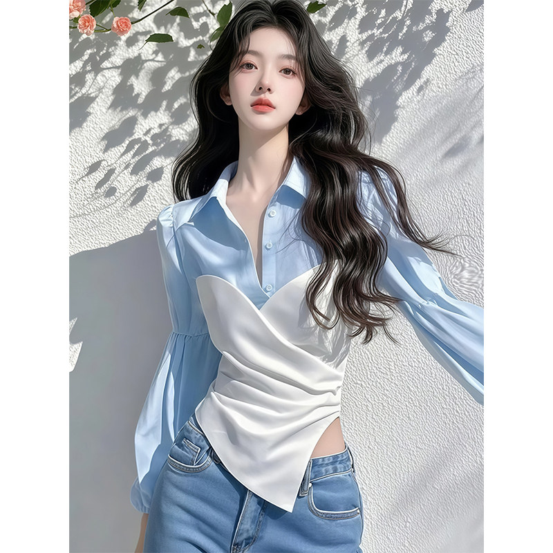 不规则长袖衬衫春装女款2025年新款爆款小衫独特漂亮收腰法式上衣