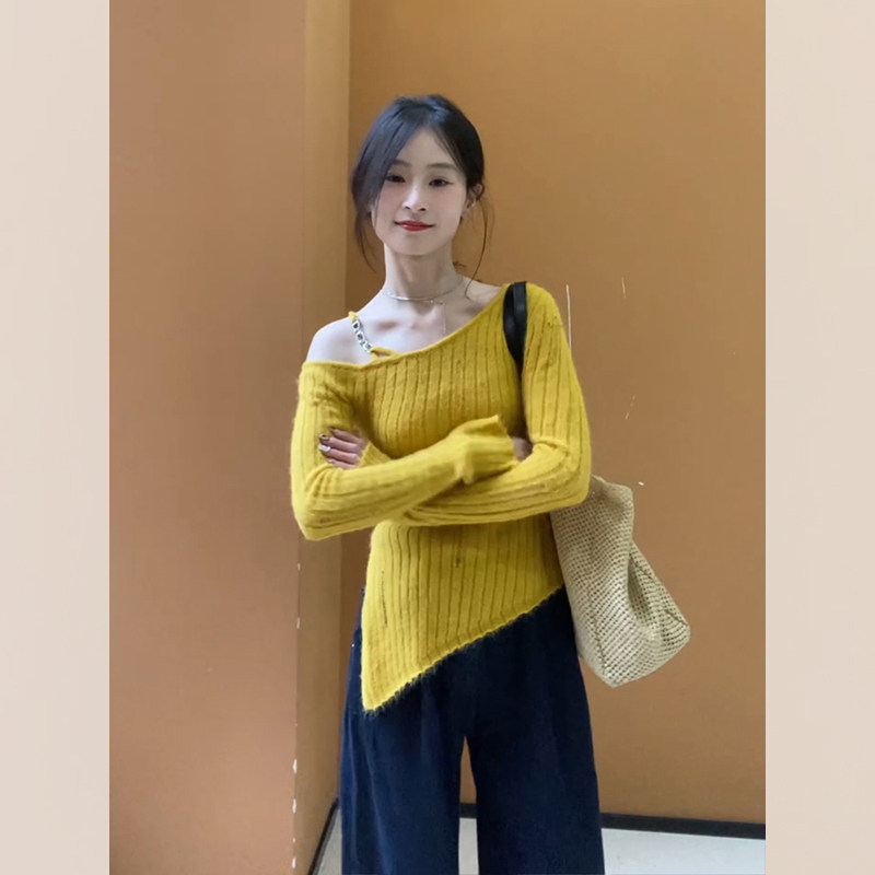 不规则短款开叉内搭露肩打底衫上衣女春秋季小个子斜肩长袖针织衫