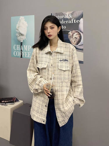 套女斤秋胖斤众子宽松开衫设计感棒球夹定制杏色L建议0-110斤