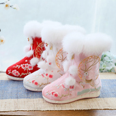 女童汉服儿童绣花鞋 子冬中国民族风古装 加厚加绒保暖靴拜年雪地靴