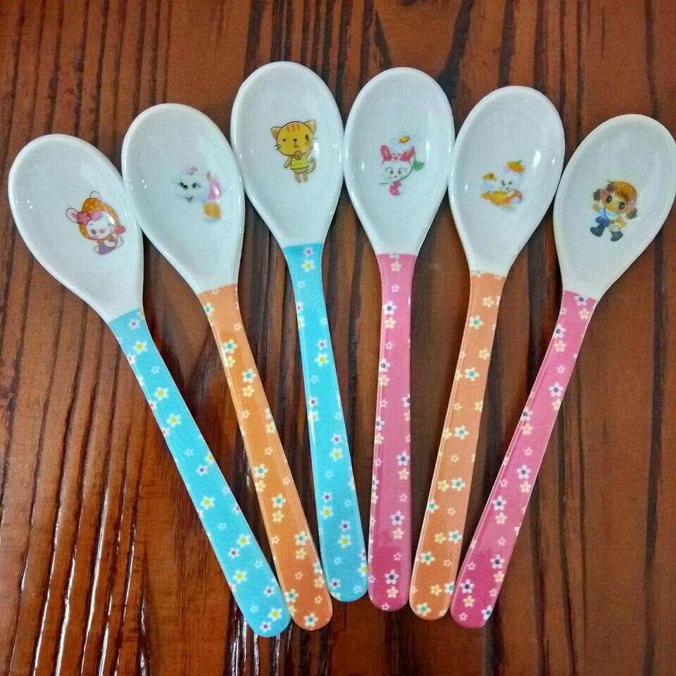 卡通长柄勺子防烫防摔家用儿童树脂仿瓷餐具成人女孩吃饭叉勺可爱