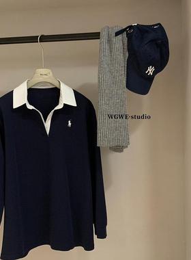 设计感POLO领刺绣长袖卫衣女秋冬新款显瘦百搭减龄气质上衣打底衫