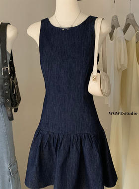 高级感复古文艺圆领牛仔背心裙子女夏宽松短款a字百褶无袖连衣裙