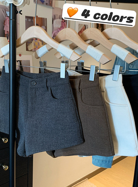 灰色毛呢短裤女独特超好看裤子冬加厚高腰外穿小个子a字休闲靴裤