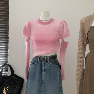 软糯晕染渐变设计感袖 圆领秋冬季 套针织衫 修身 毛衣 上衣女短款 断袖