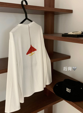 韩系简约设计感刺绣宽松慵懒风长袖T恤女早秋2025新款极简打底衫