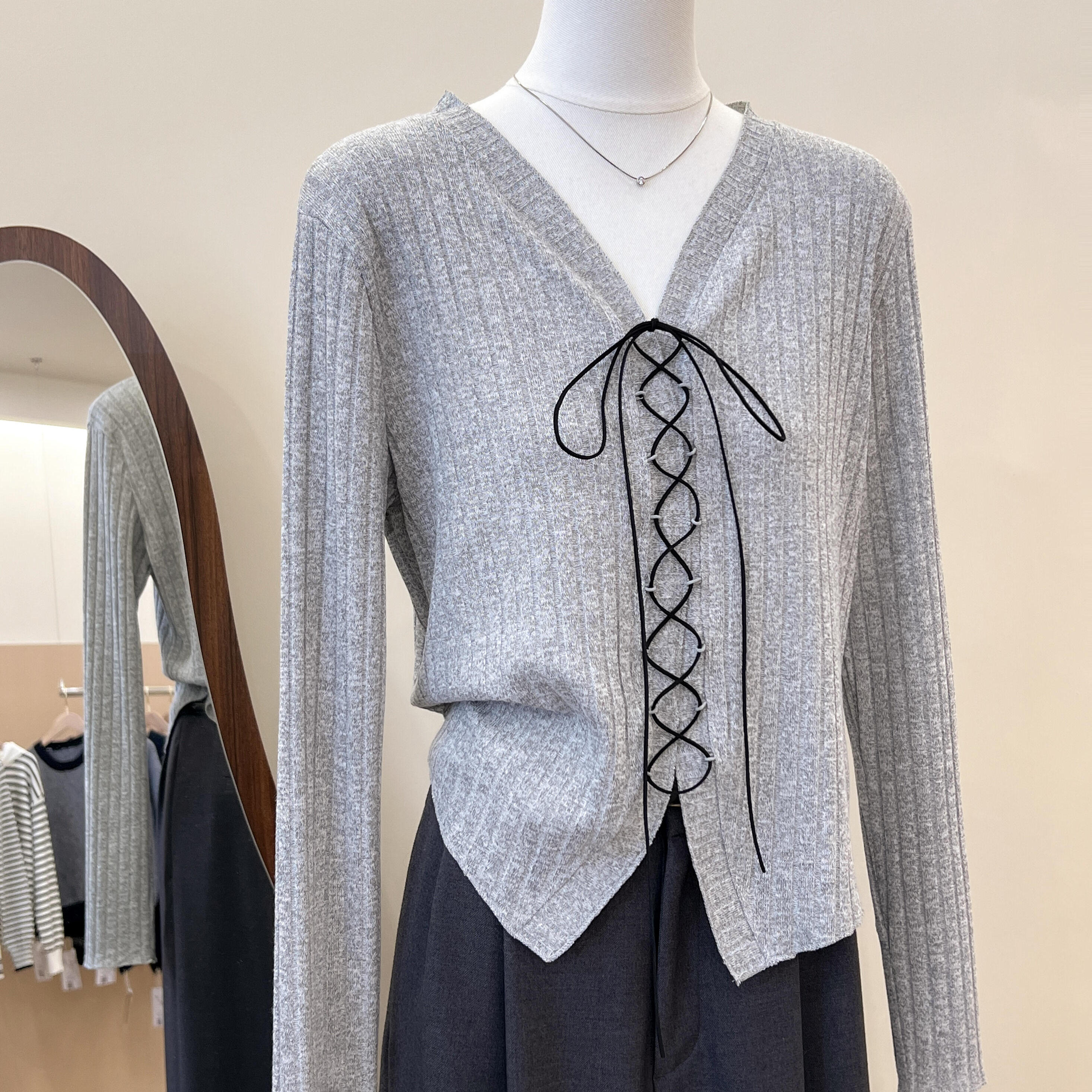 韩系上衣秋冬系带长袖针织开衫