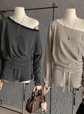 巨好看的早秋一整套复古斜肩条纹长袖卫衣T恤上衣+高腰短裤两件套