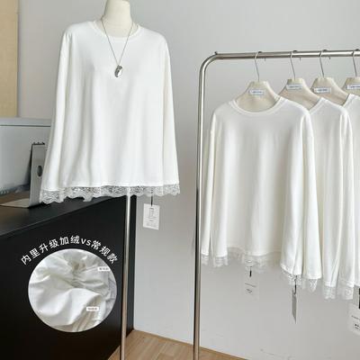加绒加厚！蕾丝拼接白色长袖T恤