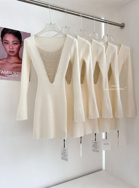 晚宴流光白色针织连衣裙打底外穿春季高级感拼接设计感礼服毛衣裙