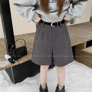 秋冬显瘦宽松休闲靴裤 裤 女毛呢西装 灰色高级高腰a字五分阔腿中裤