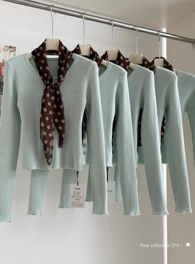 韩系绿色短款长袖针织衫女装早秋冬修身薄款毛衣开衫打底单穿上衣