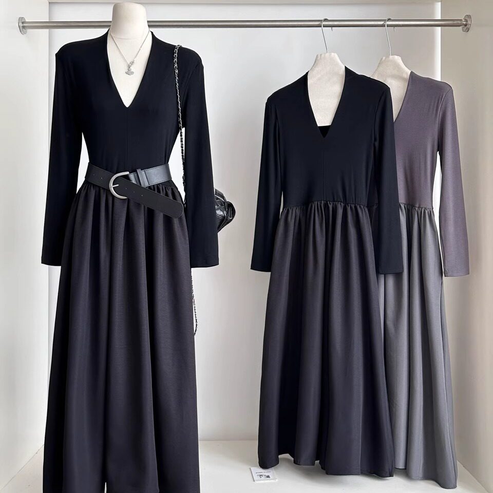 韩系简约V领拼接松紧腰连衣裙女