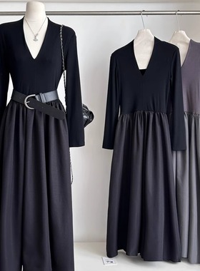 韩系简约V领拼接松紧腰连衣裙女早秋简单大方高级感穿搭气质长裙