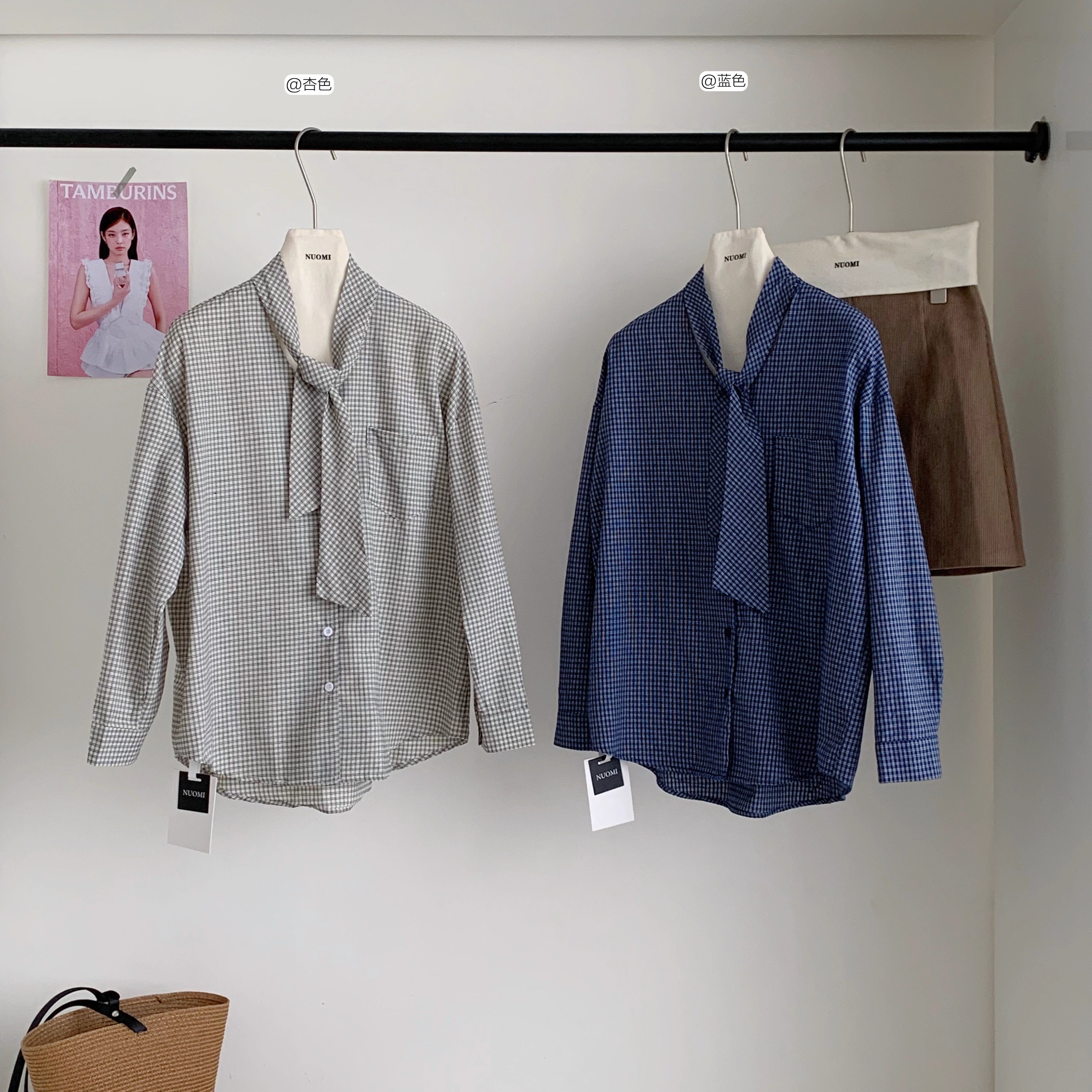 领结系带格子V领韩系长袖衬衫