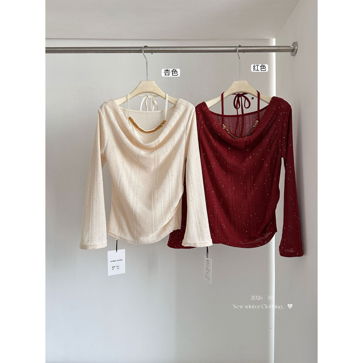 红色假两件一字肩喇叭袖针织衫女2026春季新款挂脖内搭T恤打底衫,女装/女士精品,毛针织衫,淘宝优惠券,粉丝福利购,淘宝优惠卷