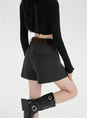韩系复古咖色毛呢假两件半身裙裤女秋冬气质宽腰带阔腿休闲靴短裤