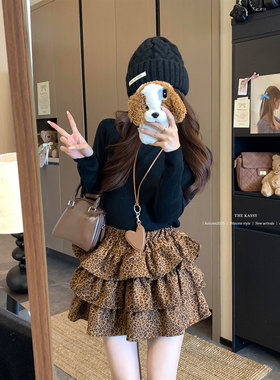 豹纹蓬蓬短裙辣妹防走光a字半身裙+黑色针织衫2026超火穿搭一整套