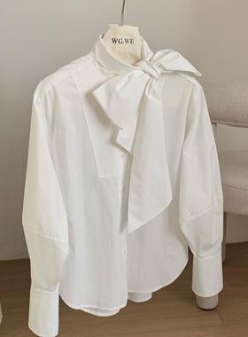 优雅大小姐英伦风设计白色飘带蝴蝶结衬衫女显瘦春秋宽松长袖衬衣